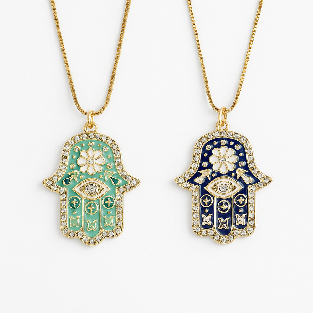 Divine Aura Hamsa Necklace on a neutral background
